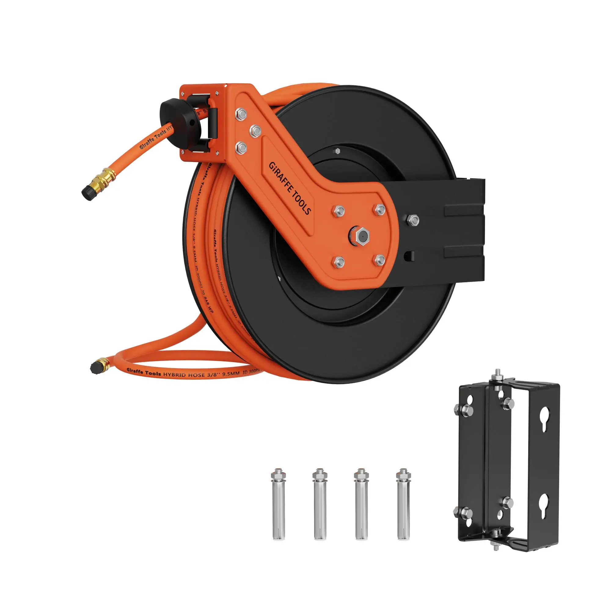 Giraffe Tools Retractable Air Hose Reel-Alloy Steel Reel-3/8IN x50 FT Hybrid Air Hose Max 300 PSI,Wall Mount Heavy Duty Double Arm Steel Reel