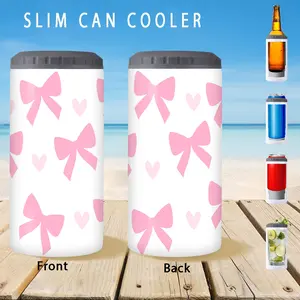 1pc/12oz/350ml,Slim Can Cooler,Insulators,Double Wall Insulated,Doucle-Walled Stainless Steel Insulated Slim Cans,2-in-1 Insulated Can Cooler Cup,Pink Bow Design,Suitable For Celebrating Birthdays And Anniversaries,Christmas Gifts,holiday party supplies