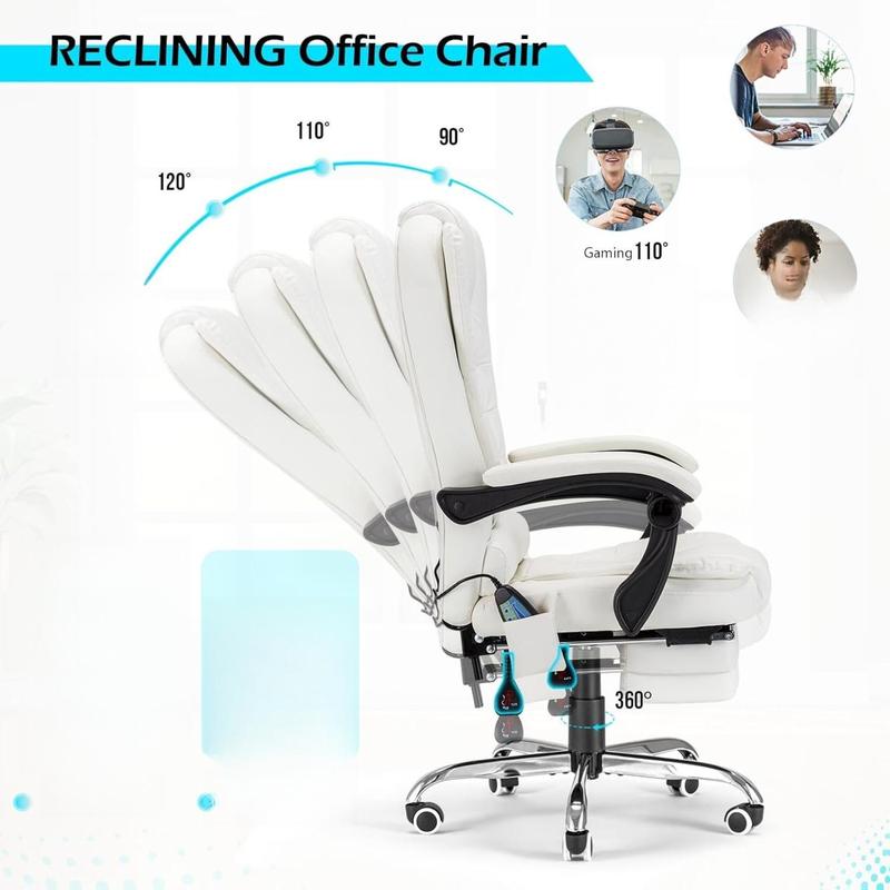 Aecojoy Office Chair with 7 Point Vibrating Massage & Heat Functions, Ergonomic Recliner Chair with Footrest, PU Leather Wide Computer Chair Executive Chair with High Back Lumbar Support, Cream White