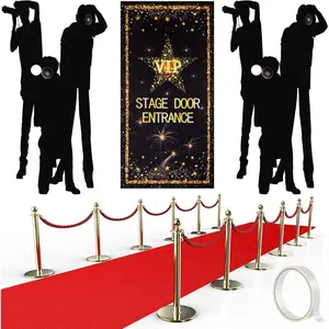 VIP Entrance Banner Photography Backdrop with Red Carpet Runner, Paparazzi Props, 2.6 x 15 ft Rug, Double-Sided Tape for Party Decorations and Movie Theme Events