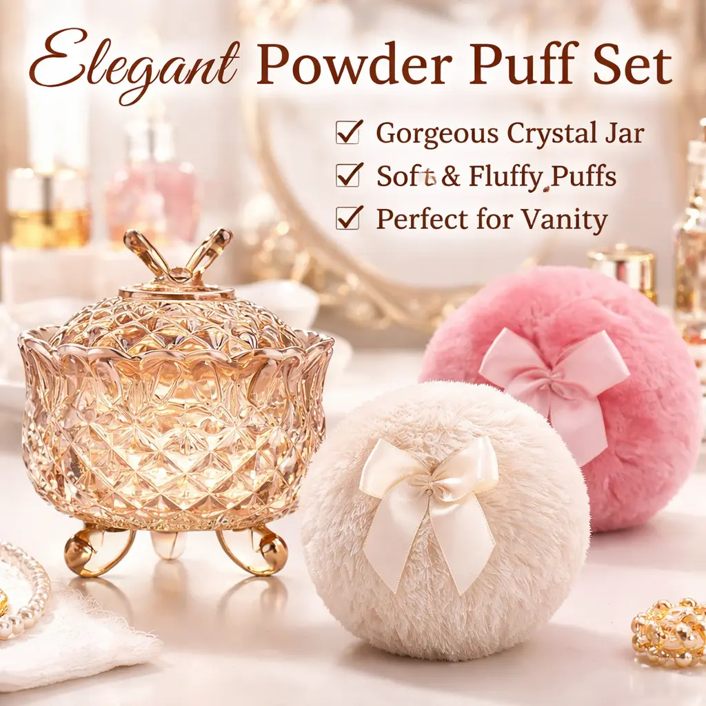 4 Inch Glass Powder Container with 2 Soft Velour Puffs – Butterfly Pattern Loose Powder Storage Jar, Dustproof Vanity Organizer for Makeup, Easter Gift for Her (Amber Design)