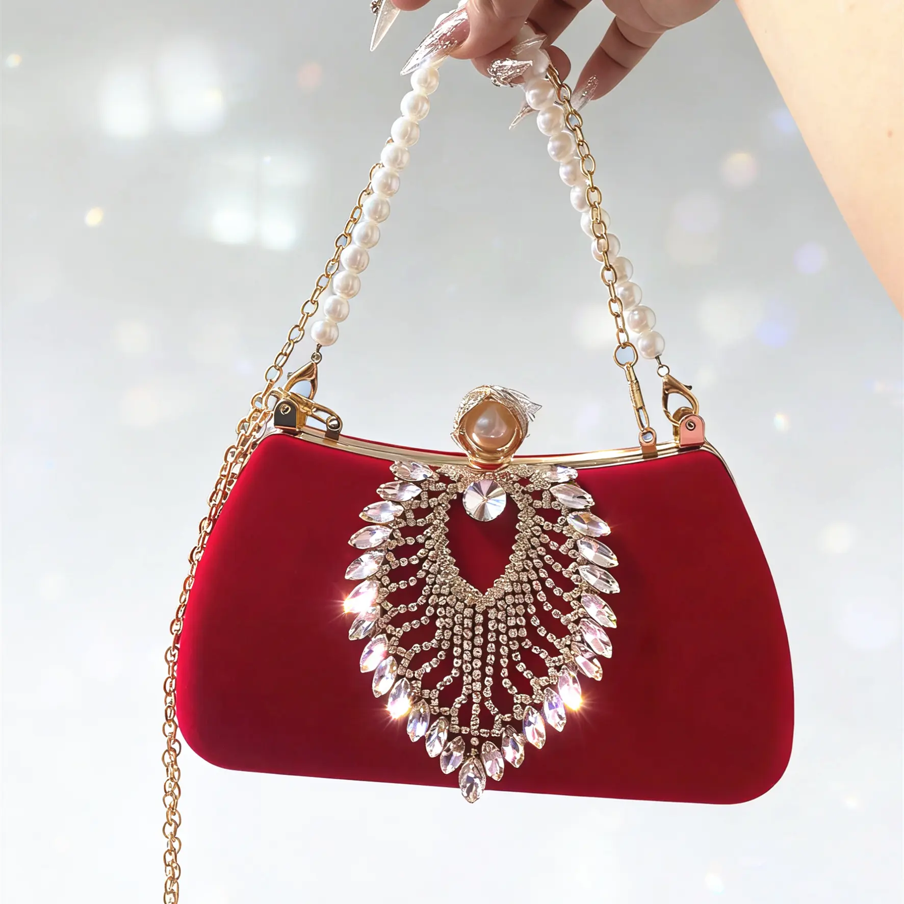 Shiny Red Velvet Evening Prom Party Clutch Purse Dinner Bag with Pearl Handle Rhinestones Formal Clutch Bag for Women Lady's Wedding Handbag Bridal Bag Evening Bag for Banquet Prom Wedding Prom Gala