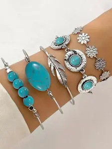 Boho Turquoise Feather Vintage Bracelet Set, Geometric Beaded Chain, Casual Style, All Seasons, Perfect Daily Wear & Holiday Gift