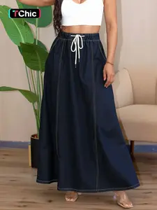 Women's Deep Blue High Waist Loose Denim Maxi Skirt, Long Casual A-Line Dress for All Seasons, Perfect for Dating & Daily Wear
