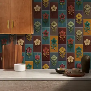 Floral Pattern Self-adhesive Tile Sticker, 16/32/64pcs Waterproof & Oil-proof Tile Sticker, DIY Decorative Wall Sticker for Kitchen & Bathroom