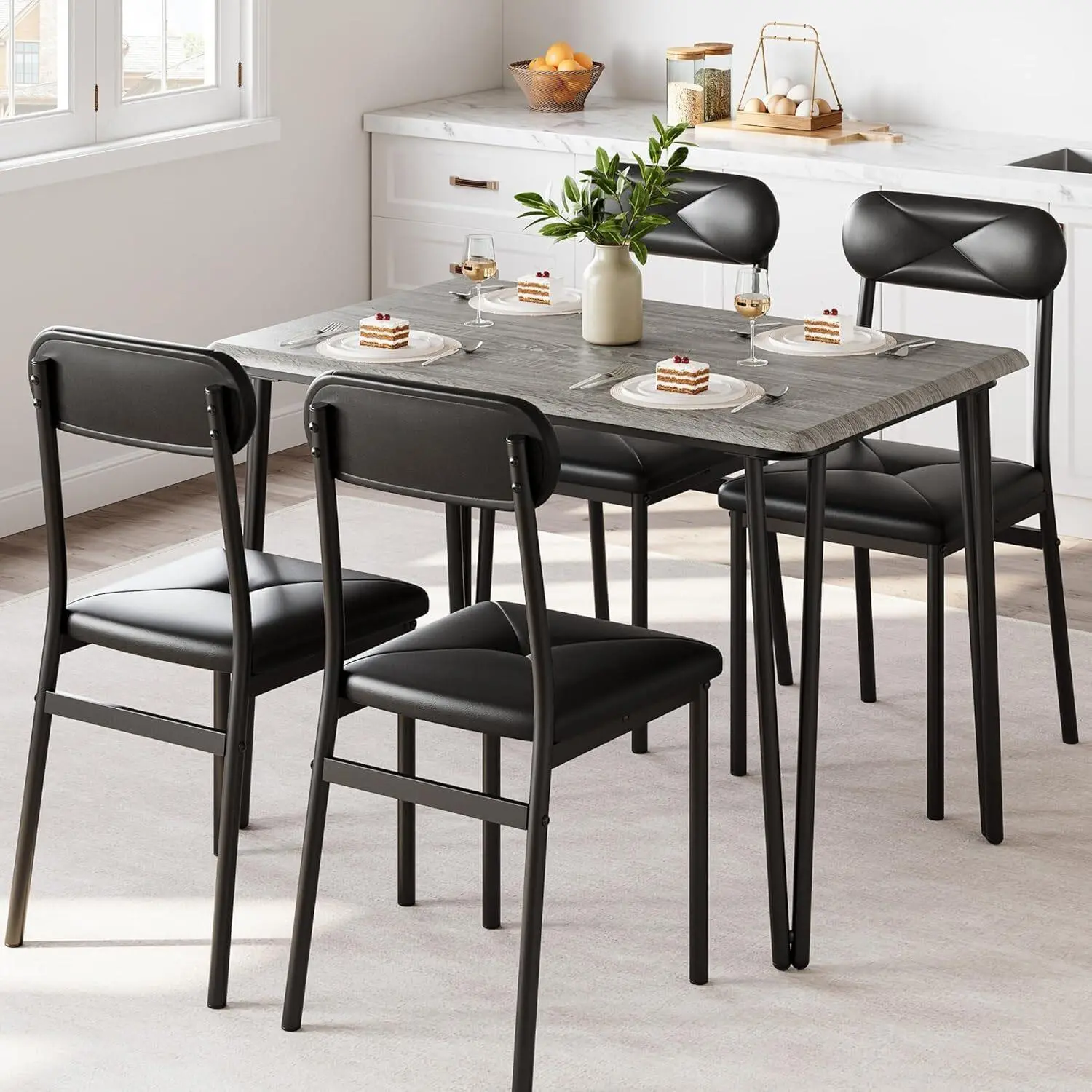 GARVEE Dining Table Set for 4, Kitchen Table with Upholstered Chairs for Kitchen Room and Small Spaces (Grey, Table with 4 Upholstered Chairs)