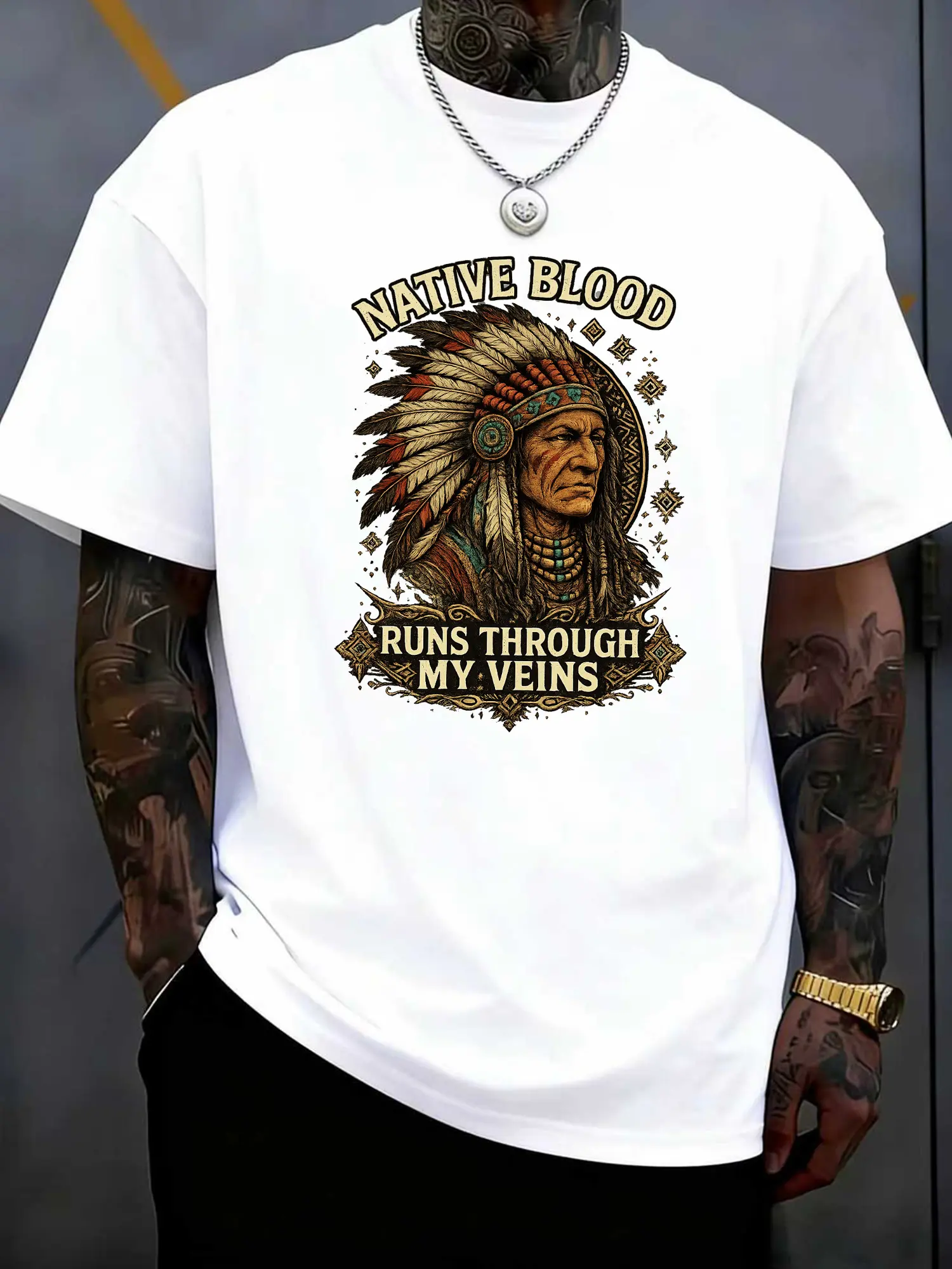Native Blood Runs Through My Veins T-Shirt - Native American Pride Heritage Tee - Soft Medium-Stretch Cotton Knit Fabric Tribal Design for Powwows Reservations & Indigenous Communities