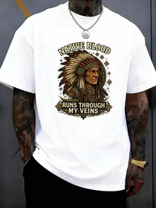 Native Blood Runs Through My Veins T-Shirt - Native American Pride Heritage Tee - Soft Medium-Stretch Cotton Knit Fabric Tribal Design for Powwows Reservations & Indigenous Communities