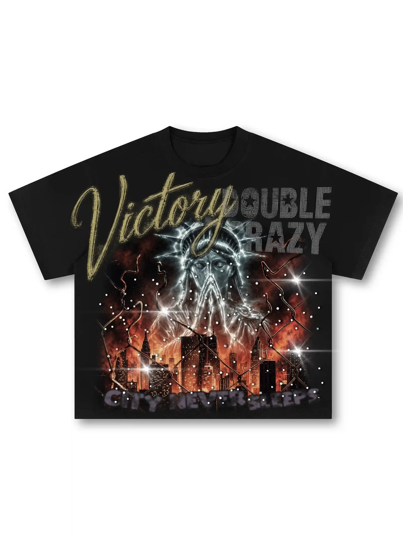 Y2K Streetwear Statue of Liberty Graphic Tee Vintage Hip Hop NYC City Never Sleeps Oversized T-Shirt Premium Heavyweight Cotton Retro Grunge Aesthetic Tee Gift for Men Women