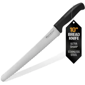 Bambüsi 10 Inch Serrated Bread Knife | Stainless Steel Bread Cutter with Ergonomic Non-Slip Handle For Sourdough, Baguettes, and Homemade Loaves - Rust-Resistant & Dishwasher Safe Kitchen Knife