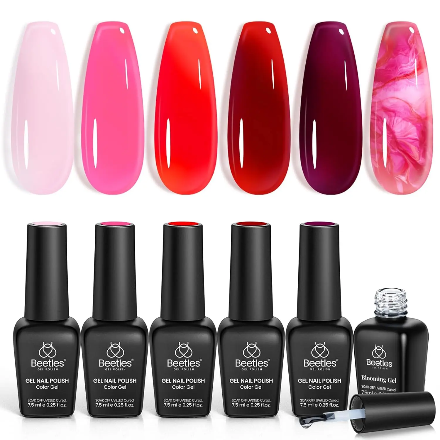 Beetles Red Gel Nail Polish Set with Blooming Gel, Cupid’s Crush 6 Colors Pink Red Jelly Gel Polish, Soak Off UV Nail Art Salon DIY at Home Gift for Women Beetles Red Gel Nail Polish Set with Blooming Gel, Cupid’s Crush 6 Colors Pink Red Jelly Gel Polish, Soak Off UV Nail Art Salon DIY at Home Gift for Women