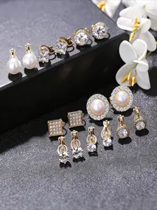 8Pairs Clip Earrings Stud for Women Clip on Earrings for Non Pierced Cubic Zirconia Peal Simulated Diamond Halo Clip on Earrings Set for Anniversary Wedding Earrings Set Studs Earrings