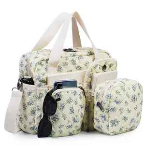 Set of 2 Small Floral Quilted Tote Bags for Women with Multiple Pockets, Crossbody Shoulder Purse, Everyday Handbags