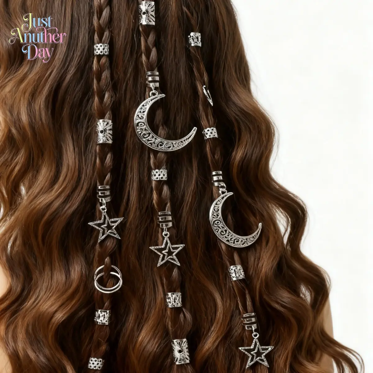 45PCS Boho Hair Jewelry Set, Sun, Moon & Star Charms, Silver Hair Beads and Rings for Dreadlocks, Braids & Twists, Perfect for Festivals, Parties & Hippie Style