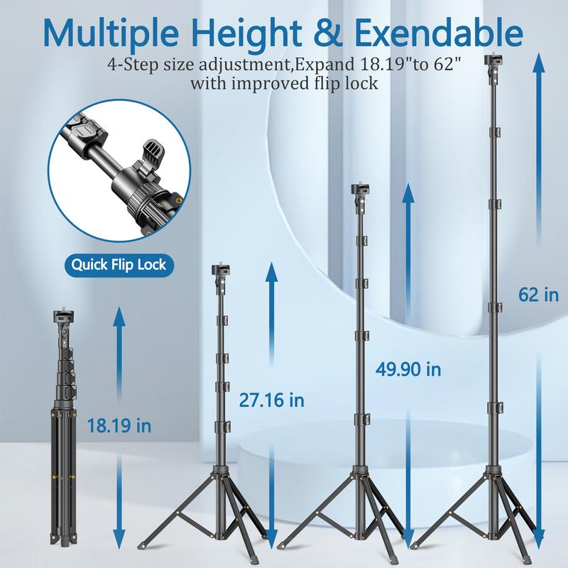 Extendable 62'' Phone Tripod & Selfie Stick with Wireless Remote, Universal Holder for iPhone, Android Phones & Cameras