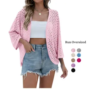 Womens Summer Crochet Cardigan Oversized 2026 Sweaters Lightweight Open Front 3/4 Sleeve Batwing Kimono Boho Knit Cover Ups Beach Coverup Vacation Outdoorfun Knitwear Comfort Casual Loose