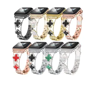 Four Leaf Clover Decor Watch Band, Elegant Luxury Wrist Strap Compatible With Apple Watch, Stylish Jewelry Accessory For Women, Perfect For Daily Casual Dating Party And Daily Outfit Matching Wear (No watch)