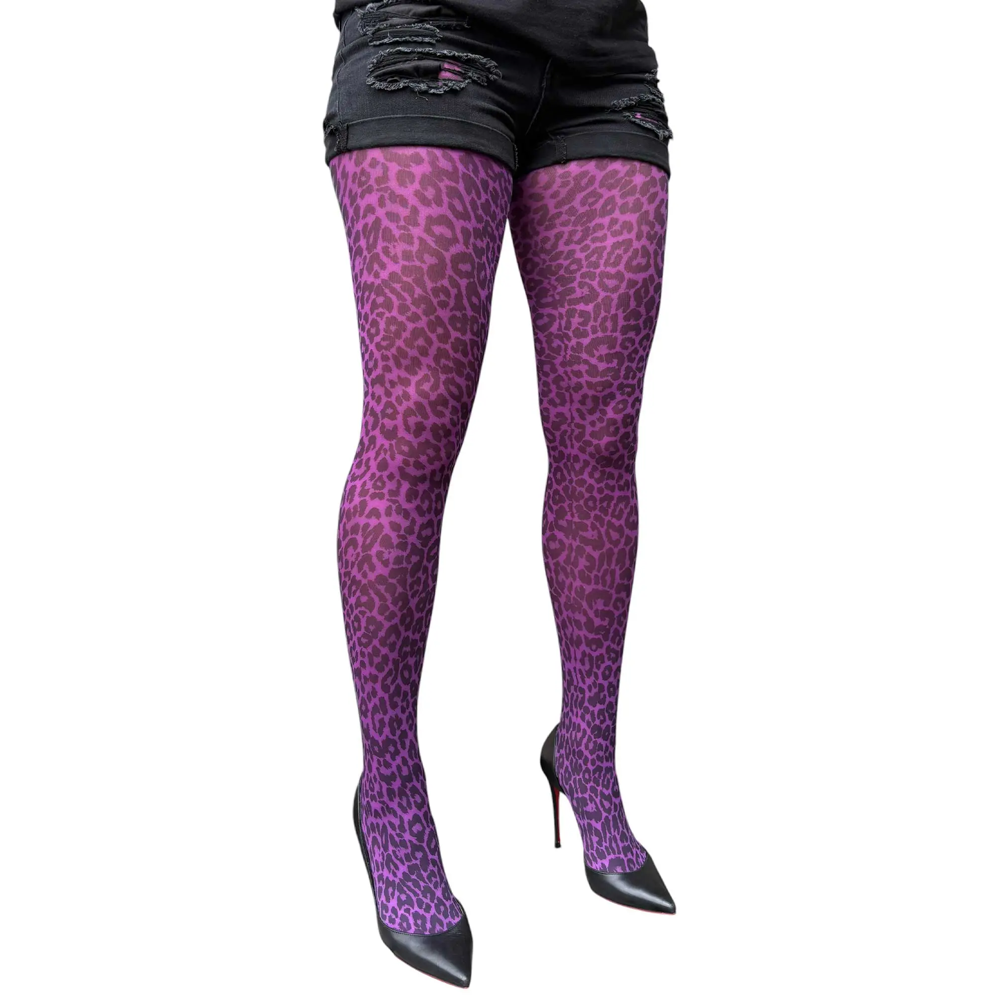 Purple Leopard Print Opaque Tights For Women