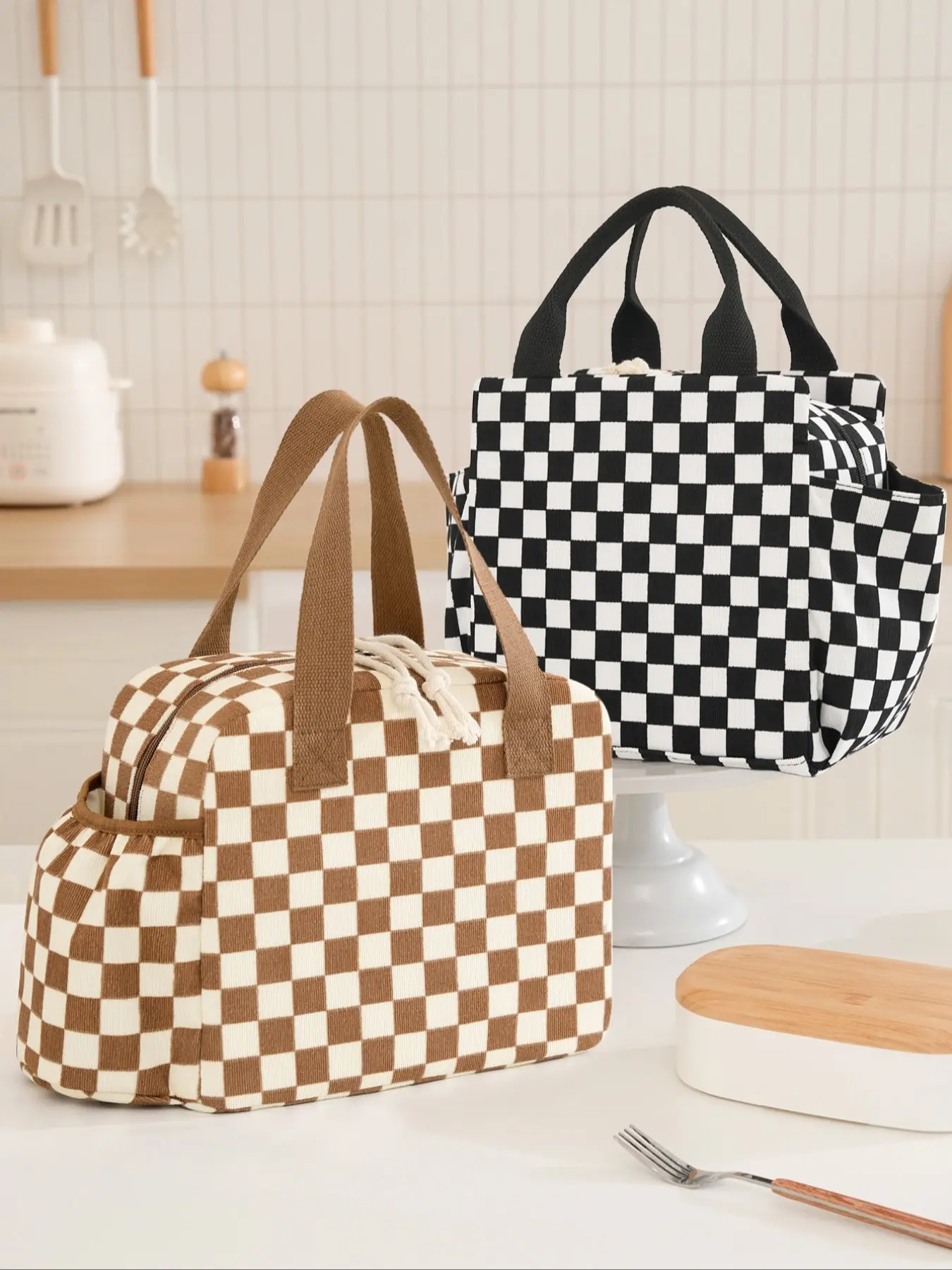 Chess Pattern Lunch Bag, Large Capacity Insulated Corduroy Lunch Tote, Reusable Cold Storage Bag, Portable Lunch Bag, Suitable for Work School Picnic Travel, Durable Lunch Bag, Lunch Insulation Bag, Lunch Tote Cooler