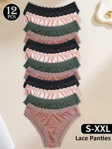 12 PCS Women‘s Lace Panties - Satin Wave Lace Trim, Elegant Trendy Style, Soft Skin-Friendly Comfort, Perfect for Day & Night Wear, Breathable Stretchy No-Wedgie Fabric, Sizes S-XXL, Lace Trim Panty