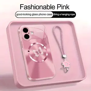Suitable for [iPhone 16] high-end MagSafe phone case，Includes a complimentary four-leaf clover lanyard and magnetic ring.A crystal-clear butterfly print pattern.YM99