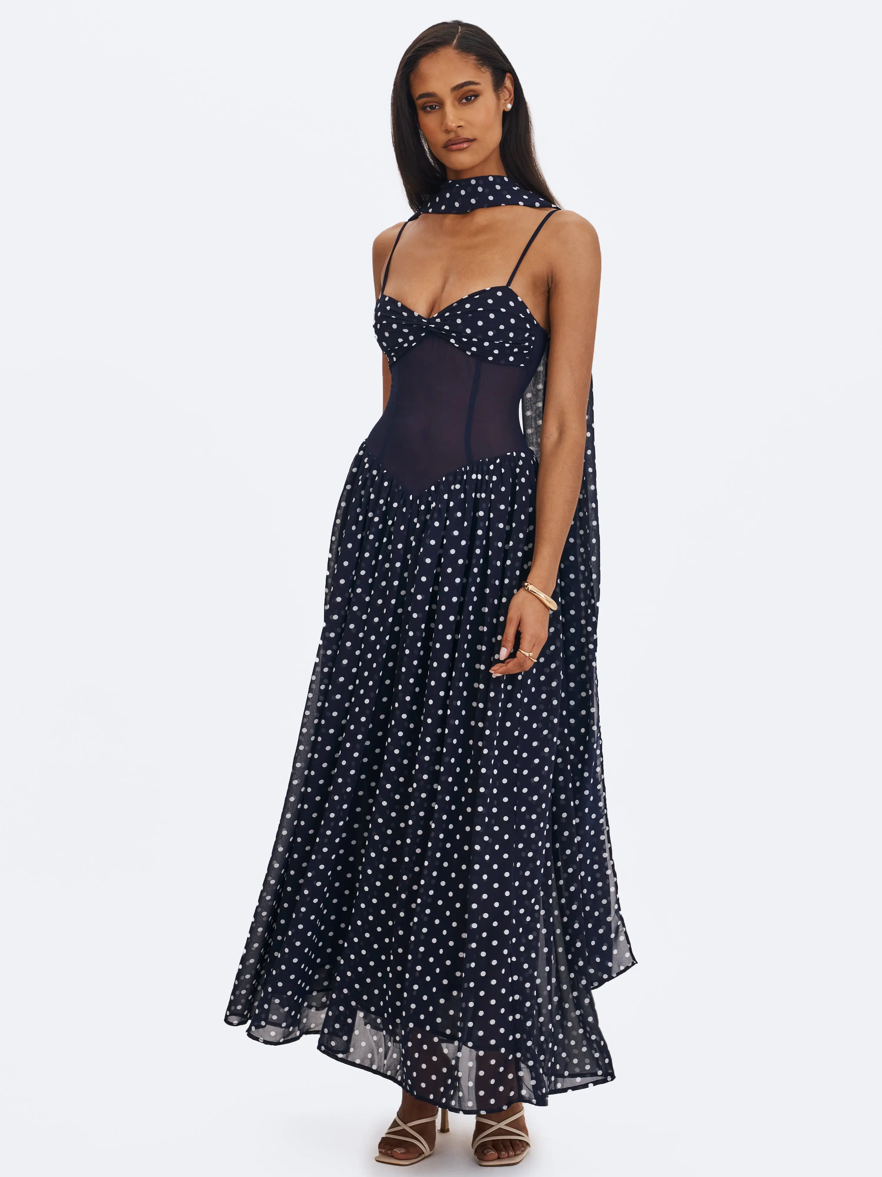 Juliette Navy Blue Polka Dot Chiffon Maxi Dress - TikTok Shop