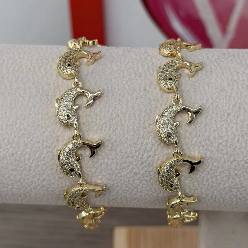 (167) 14K Gold Plated Dolphin Bracelet with Rhinestone for Women