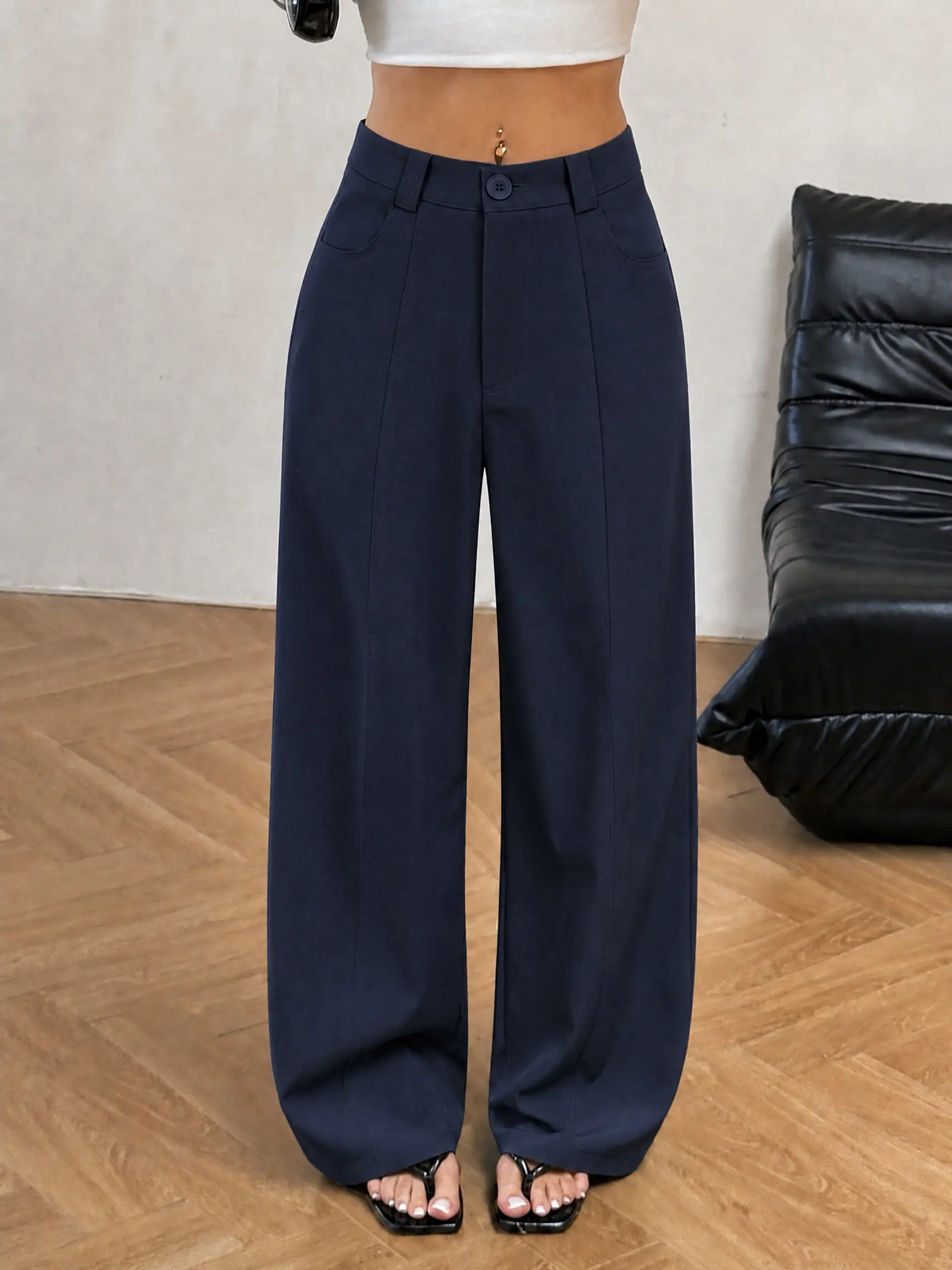 women wide leg pants, slate blue trousers, high waist pants, pleated dress pants, office slacks, loose fit pants, tailored trousers, straight leg pants, full length pants, casual chic, elegant pants, work outfit, minimalist style[7935] Formal Womenswear