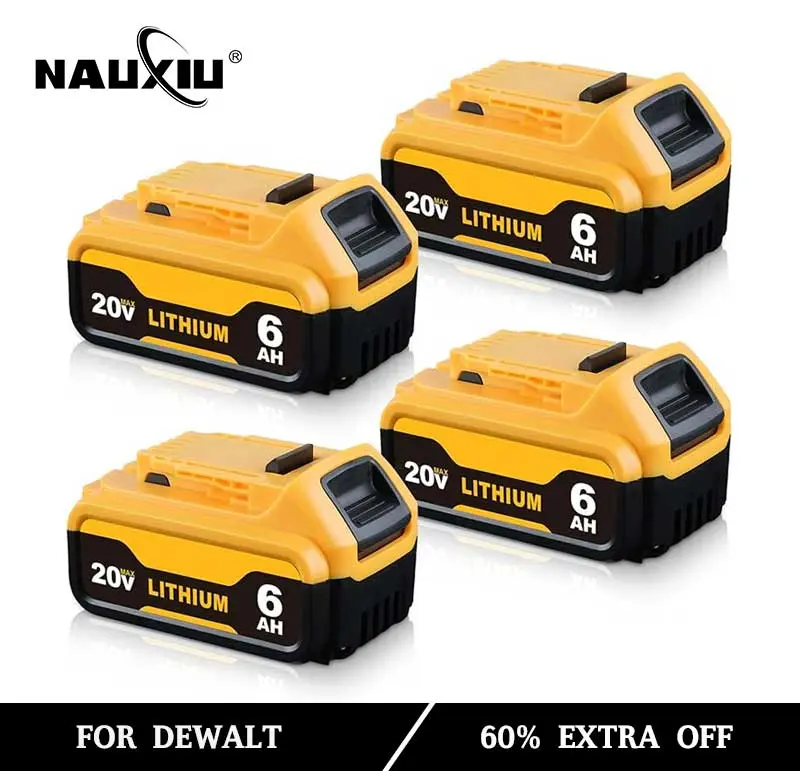 4-PACK 6.0Ah Replacement for dewalt 20v Battery Lithium-ion Batteries DCB200 DCB201 DCB203 DCB204 DCB206 DCB180 DCD/DCF/DCG Series Cordless Tools with LED Indicator