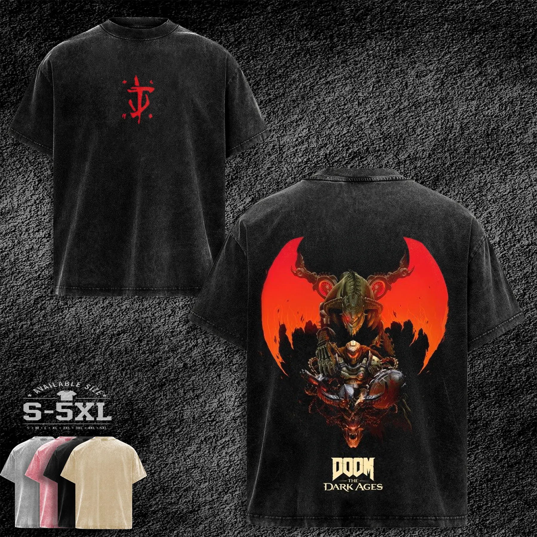 4 Design DOOM the Dark Ages Eternal Washed T-Shirt Vintage Oversized Graphic Tee Doom Slayer Gaming Shirt Heavy Metal Retro Unisex