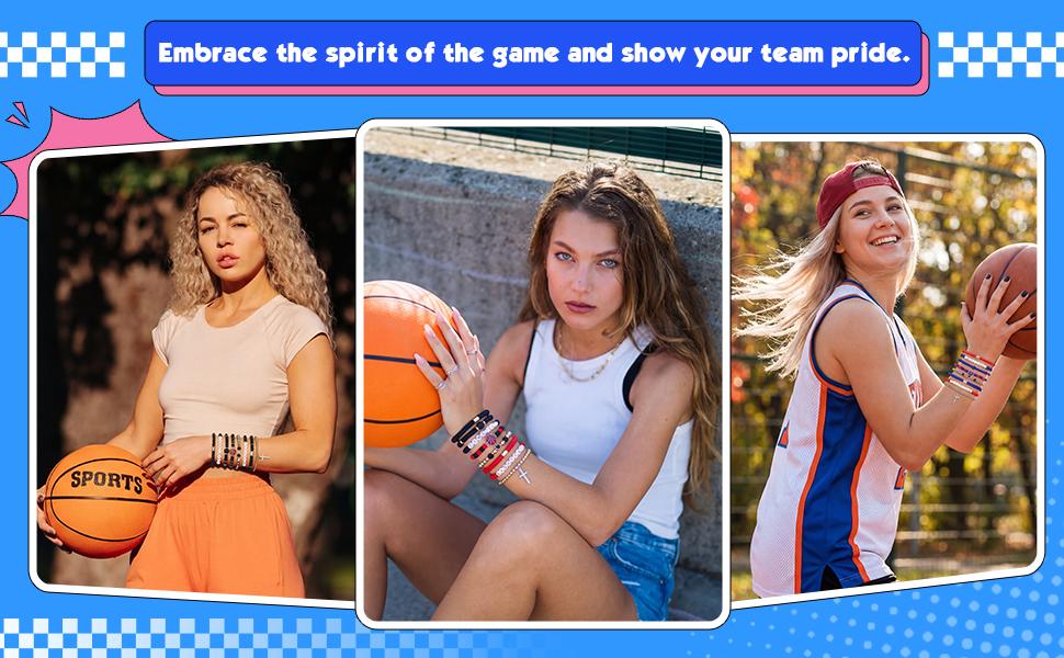 Landical 8 Pcs Basketball Game Day Bracelets Heishi Clay Beaded Stretch Bracelets Basketball Mom Accessories Jewelry Gifts