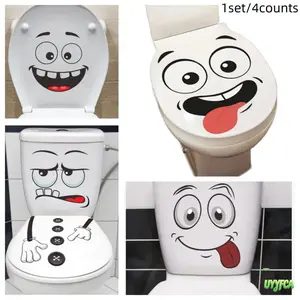 4pcs Cartoon Funny Face Toilet Stickers Set - Waterproof Self-Adhesive Bathroom Seat & Trash Can Decals, Removable Silly Expression Wall Decor for Home Indoor Recreation Summervibes