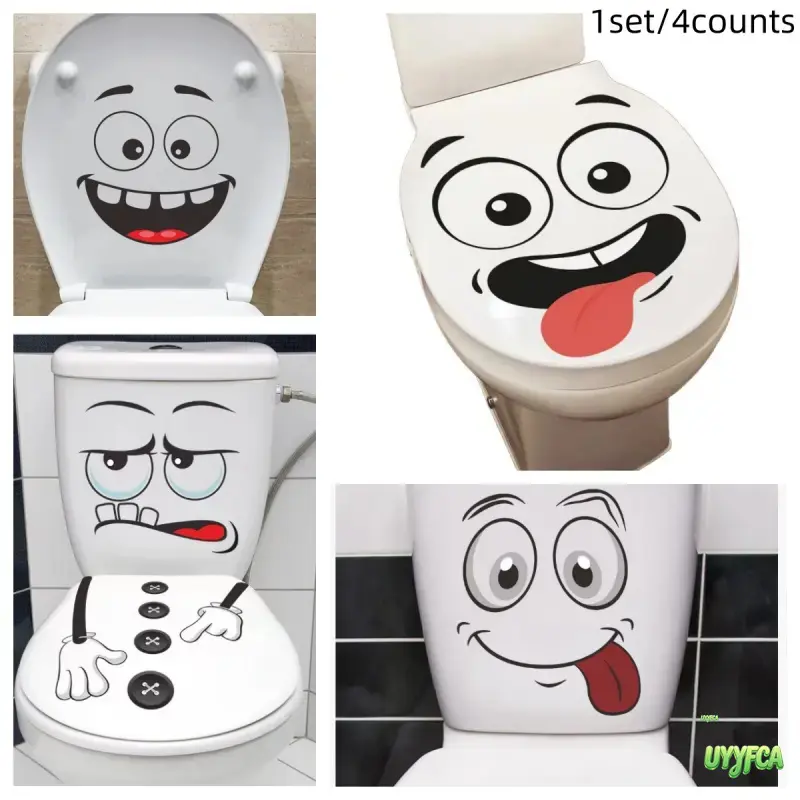 4pcs Cartoon Funny Face Toilet Stickers Set - Waterproof Self-Adhesive Restroom Accessories, Playful Bathroom Decals for Seat & Trash Can, Removable Toilet Seat Humor Wall Decor for Home, Enhance Home Decor, Fun And Functional, 4 Sheets