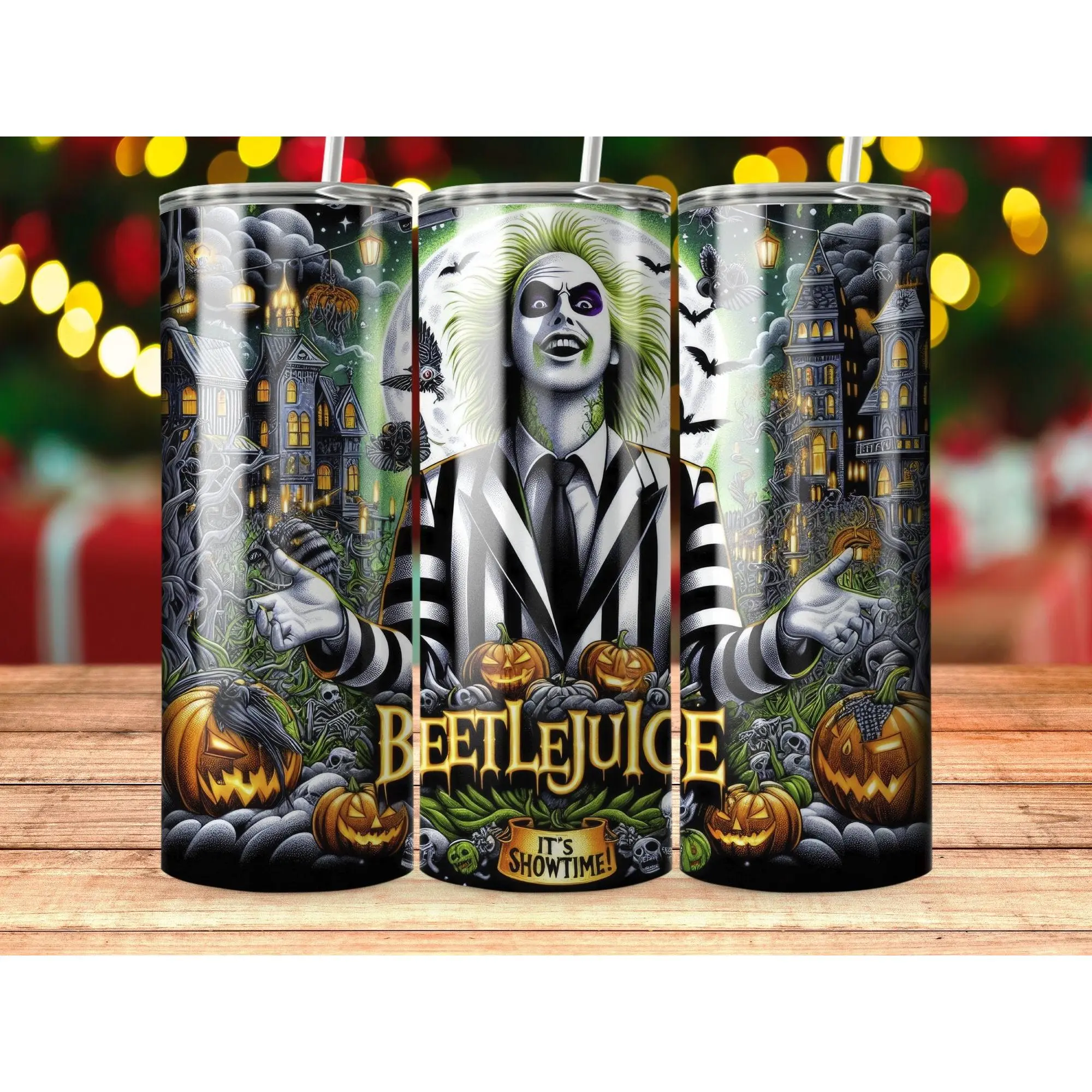 20oz Beetlejuice Its Showtime Halloween Gothic Art Tumbler Bottle Drinkware Lid Stainless