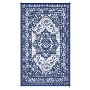 10x20 ft Actual Size Plastic Dark Blue White Rectangular Decorative Rug for Beach, Patio, RV Camping Use