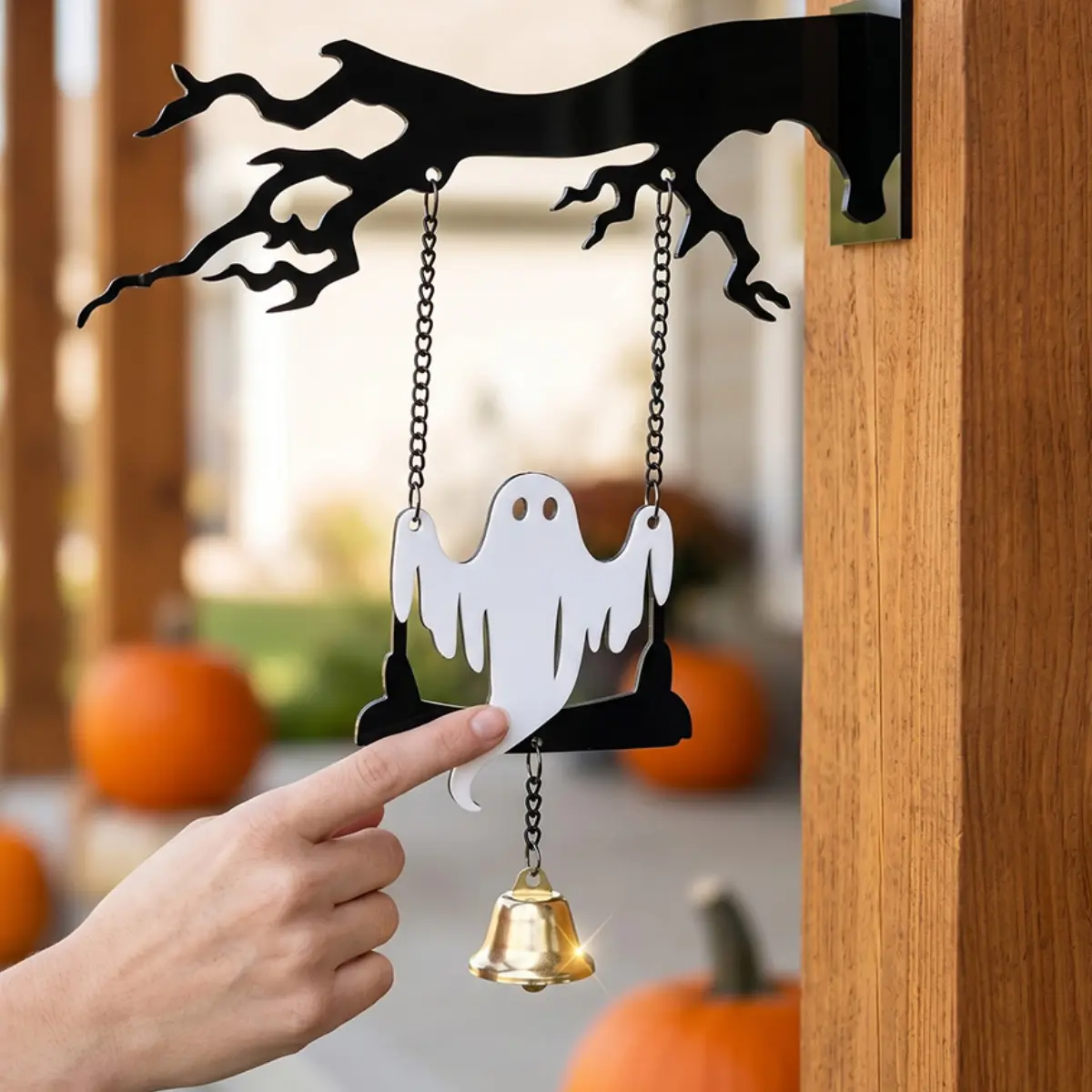 Halloween Door Sign with Bell - Hanging Bat or Ghost Welcome Sign with Creepy Tree Bracket, Outdoor Porch Wall Decoration for Front Door, Entryway, Yard and Halloween Party