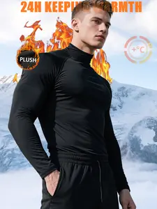Men's Fleece Lined Long Sleeve Sports Top, Slim Fit High Stretch Warm Fabric, Stand Collar, Ideal for Daily Wear, Winter Running Hiking Outdoor Training