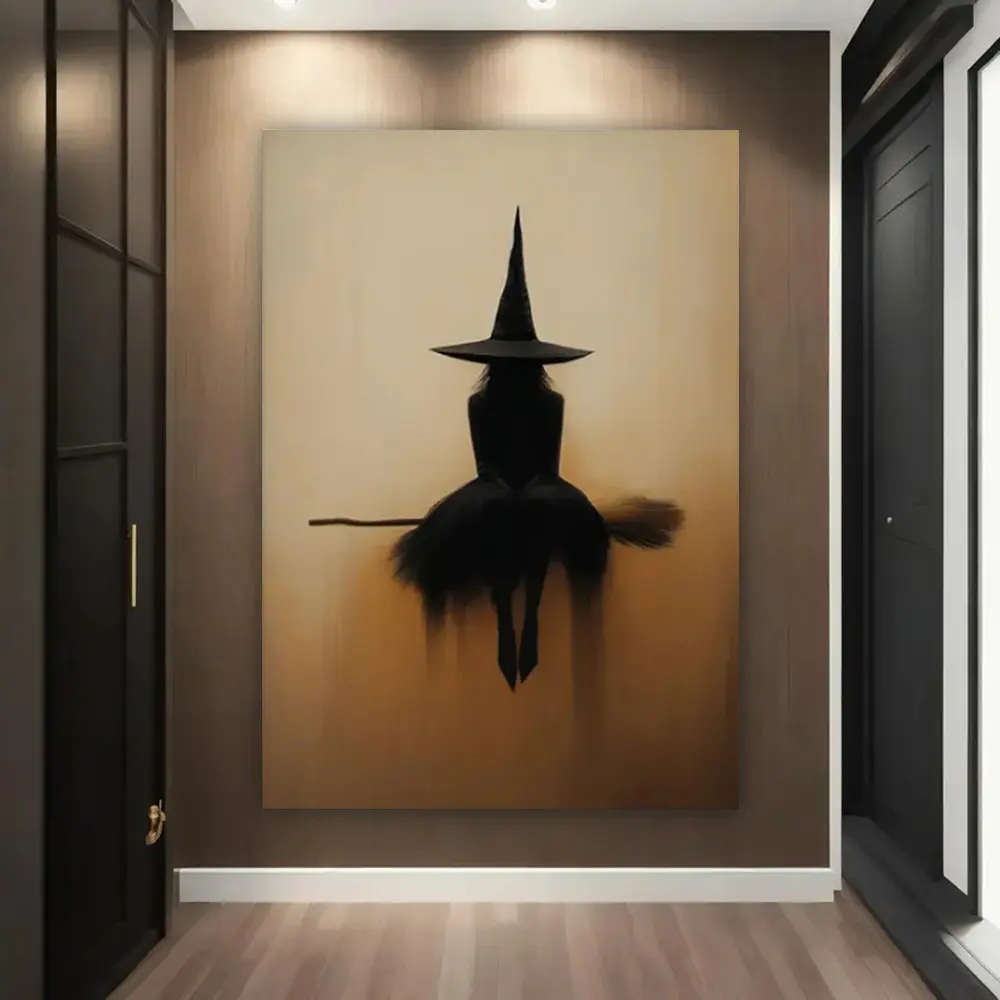 Witch Broom Canvas Wall Art Beige & Black Minimalist Gothic Style Living Room Bedroom Office Hanging Painting Halloween Easter Mother's Day Decoration Mysterious Room Gift Kit