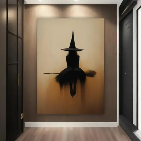 Witch Broom Canvas Wall Art Beige & Black Minimalist Gothic Style Living Room Bedroom Office Hanging Painting Halloween Easter Mother's Day Decoration Mysterious Room Gift Kit
