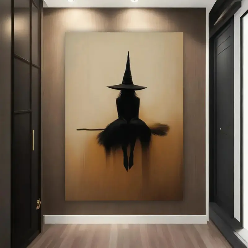Witch Broom Canvas Wall Art Beige & Black Minimalist Gothic Style Living Room Bedroom Office Hanging Painting Halloween Easter Mother's Day Decoration Mysterious Room Gift Kit