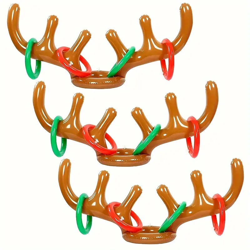 Qiumansui 3-Pcs Plastic Christmas Animal Reindeer Antler Ring Toss Game Set - Inflatable Festive Target Toy, Goodie Bag Stuffers, Indoor/Outdoor Party Favor for Kids