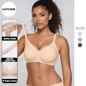 KatchMe Women's Soft Seamless Wirefree Full Coverage Bra, Solid Color Smoothing Wireless Push-Up Bra, Versatile Adjustable Bralette