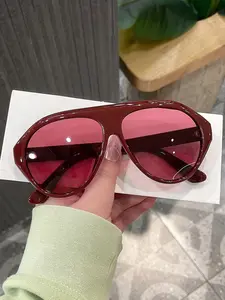 Women's Wine Aviator Frame Sunglasses, Plain Color Large Frame Street Fashion Vacation Style, Uv400 Protection, Polycarbonate Material