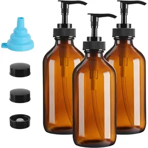 8oz Amber Glass Dispenser Bottles 3-Pack,Refillable Soap Dispenser with Drip-Free Pump,Brown Glass Containers for Kitchen & Bathroom - Dish Soap,Shampoo,Lotion,Conditioner & Body Wash