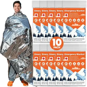 10 Pack Emergency Thermal Blanket Survival, Mylar Blankets for Outdoor, Space Blanket, Silver Foil for Survival, Survival Kit Camping Blankets, Body Warmer, First Aid, Hiking 84" x 52"
