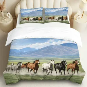 3PCS Duvet Cover Set, 1 Duvet+2 Pillowcases(Without filler), Horses Nature Landscape Mountain Meadow theme, Christmas bedding set, Animal Pattern Suitable for decoration Bedroom Living Room Lodge Cabin