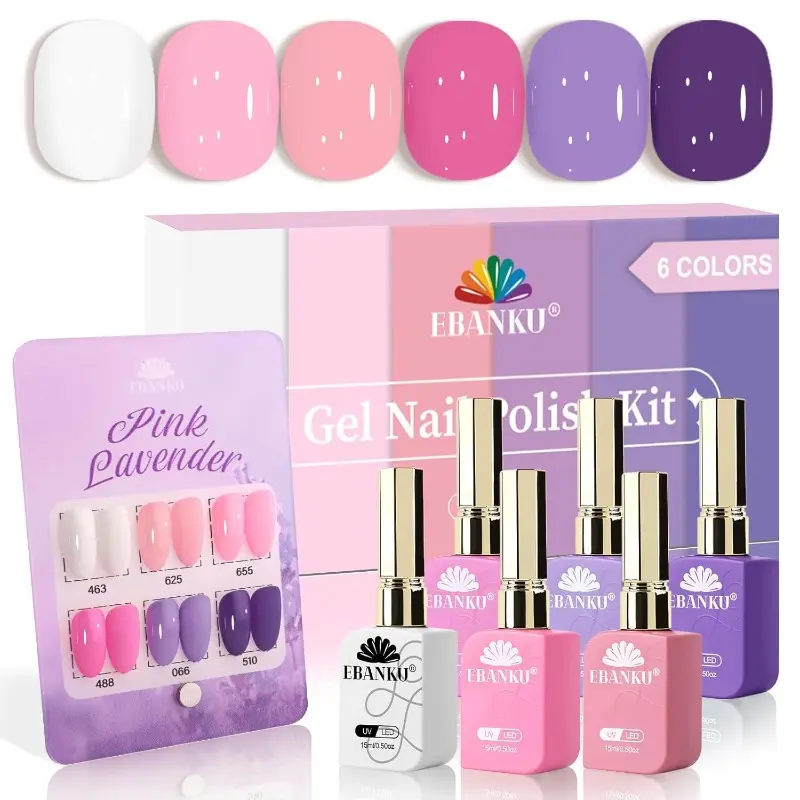 EBANKU 6 Pcs Pink Gel Nail Polish Set, 15ML Same Color Same Bottle Valentine's White Purple Soak Off Gel Nail Polish Kit Nail Art Manicure Gifts for Women