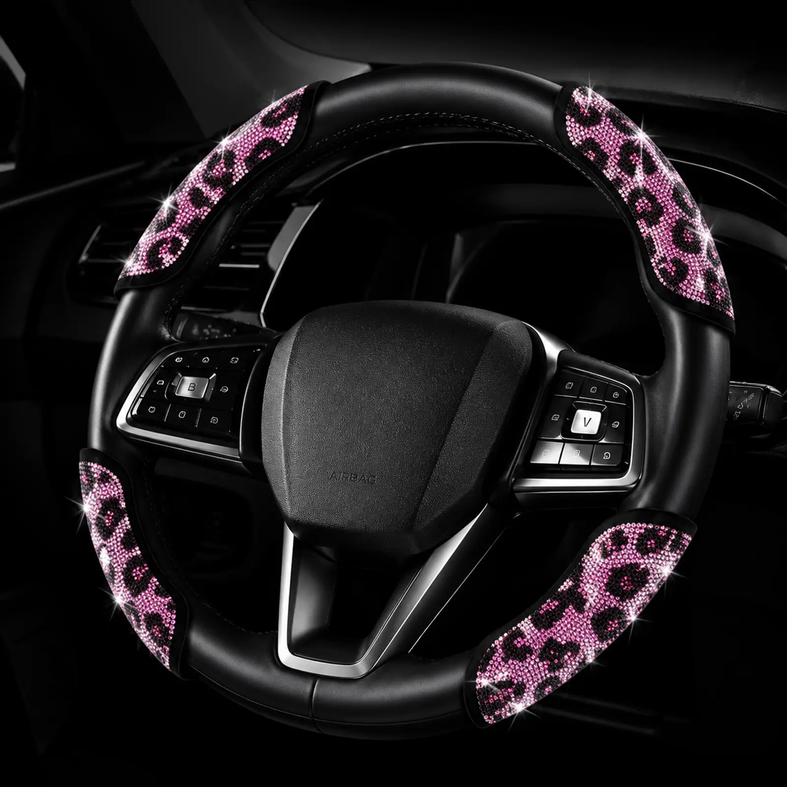 Women's 4-Piece Leopard Rhinestone Steering Wheel Cover - Sparkly Bling Crystal Car Accessory, Non-Slip Grip, Universal Size, Easy Install, Fits Standard Cars & Steering Wheels (Pink/White/Red)