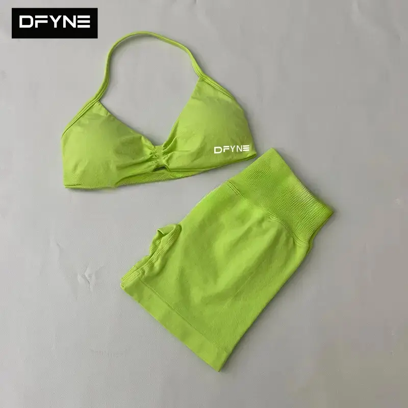 DFYNE Women’s Halter Neck Workout Set Seamless Padded Sports Bra & High Waisted Sculpt Shorts 2 Piece Activewear