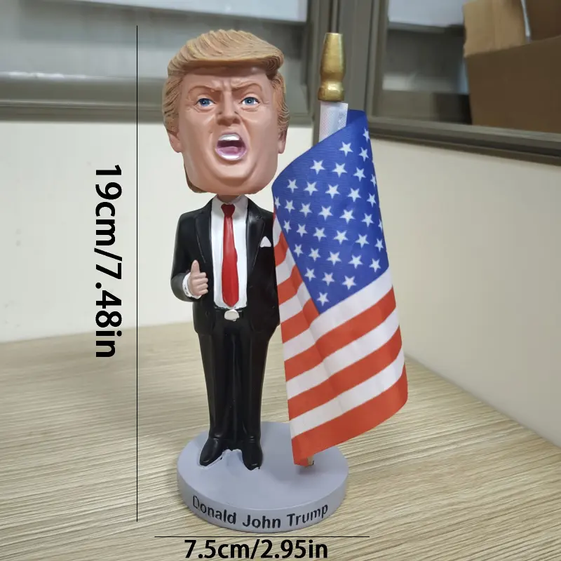Donald Trump Bobblehead with American Flag - No Power Needed, Creative Resin Desktop Decor for Home & Office, Indoor/Outdoor Use, Suit & Tie Figurine with Stars & Stripes Design creative small gift wooden coin bank home decor statue